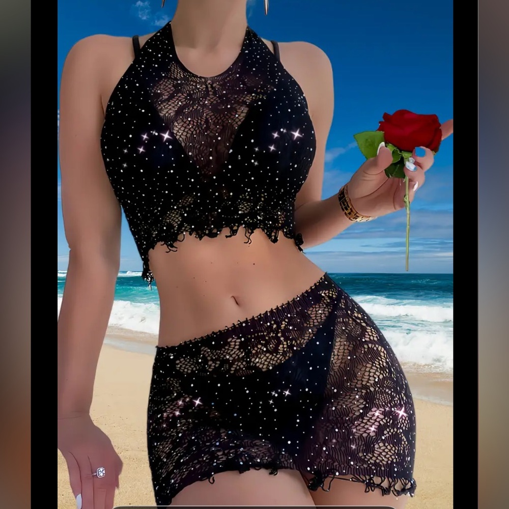 Black Two-Piece Sparkling Fishnet Crop Top & Skirt Beach Cover Up
